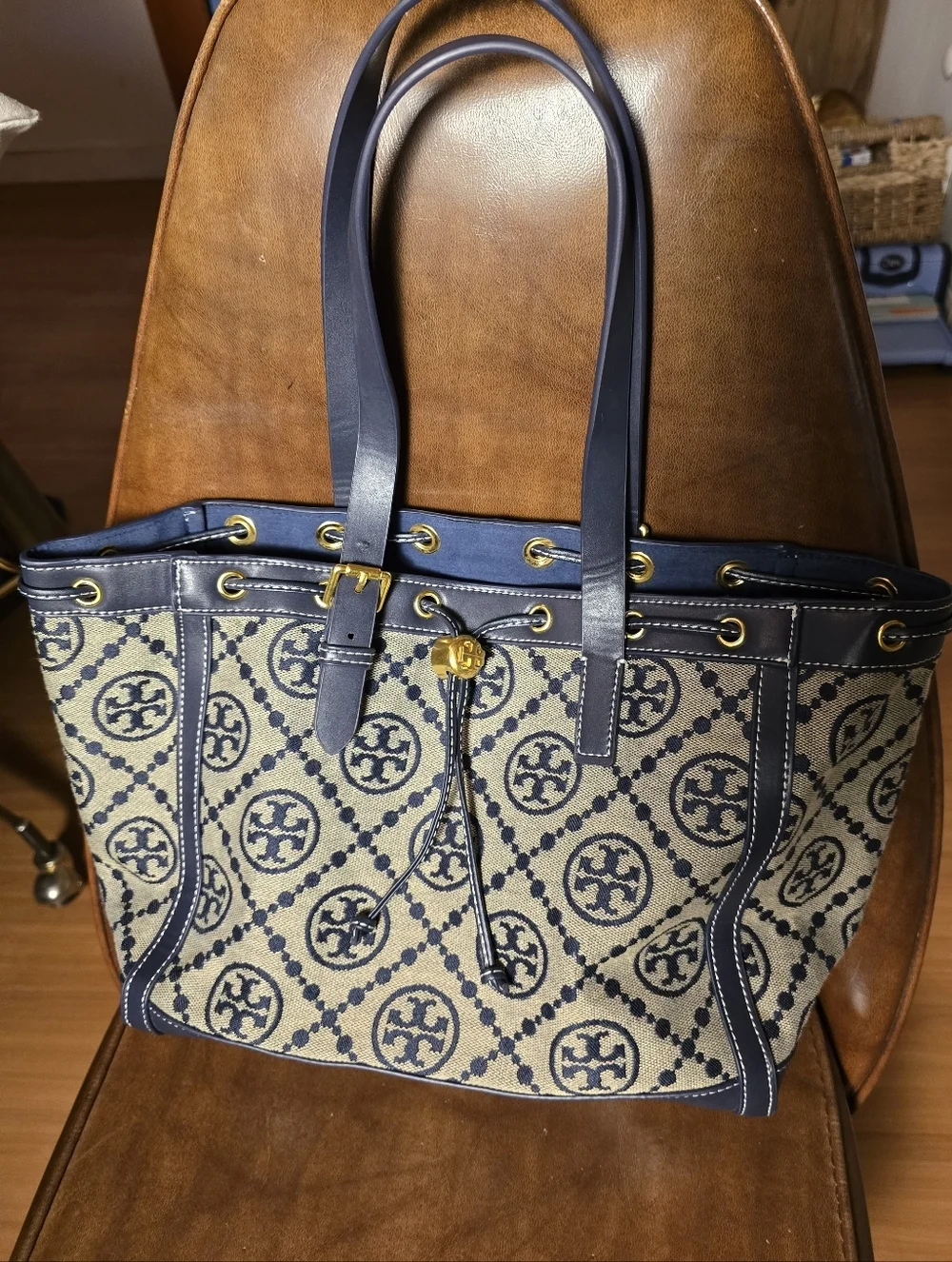 Tory Burch T Monogram Jacquard Tote Bag - Navy Blue